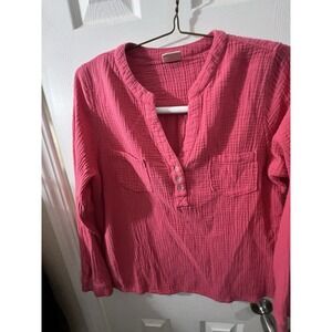 Mote XXL Blouse, Women's Pink Gauze V-Neck Top Long "Easy Roll" Sleeve 2 Pocket
